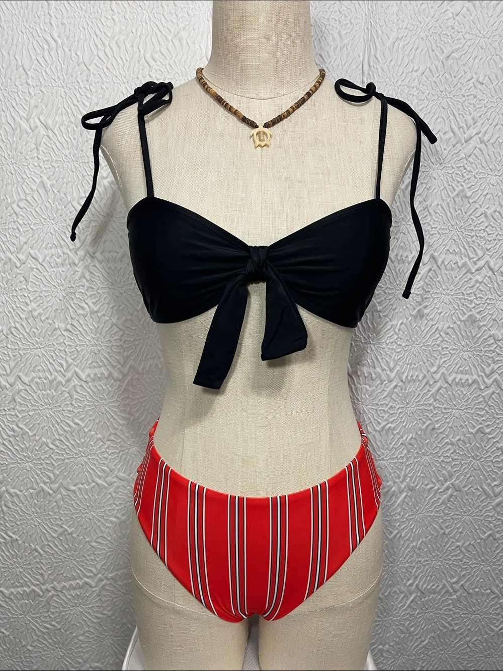 Tie-Front Black Bikini Top with Red Striped High-Waist Bottoms